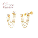 925 Silver Chain Earring Double Hole Studs CZ Plata 925 Jewelry