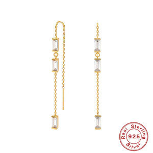 925 Silver Tassel Drop Earrings Square Crystal Ear Line Dangles for Women