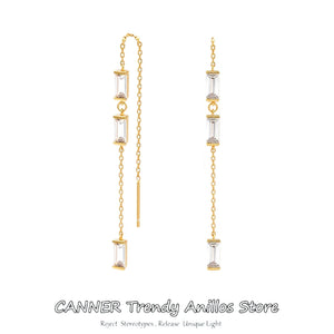925 Silver Tassel Drop Earrings Square Crystal Ear Line Dangles for Women