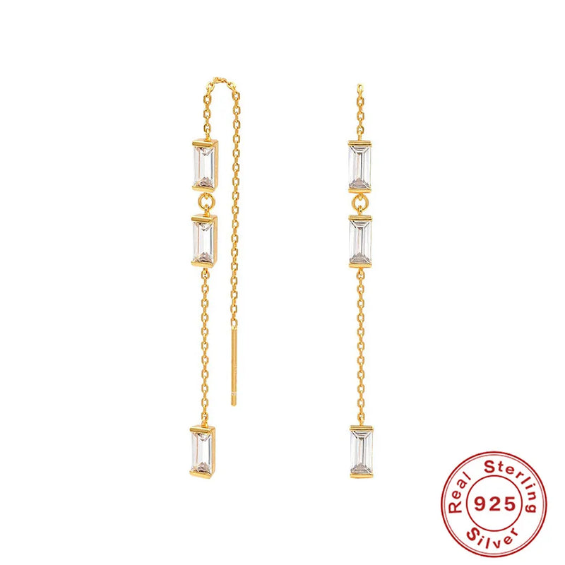 925 Silver Tassel Drop Earrings Square Crystal Ear Line Dangles for Women