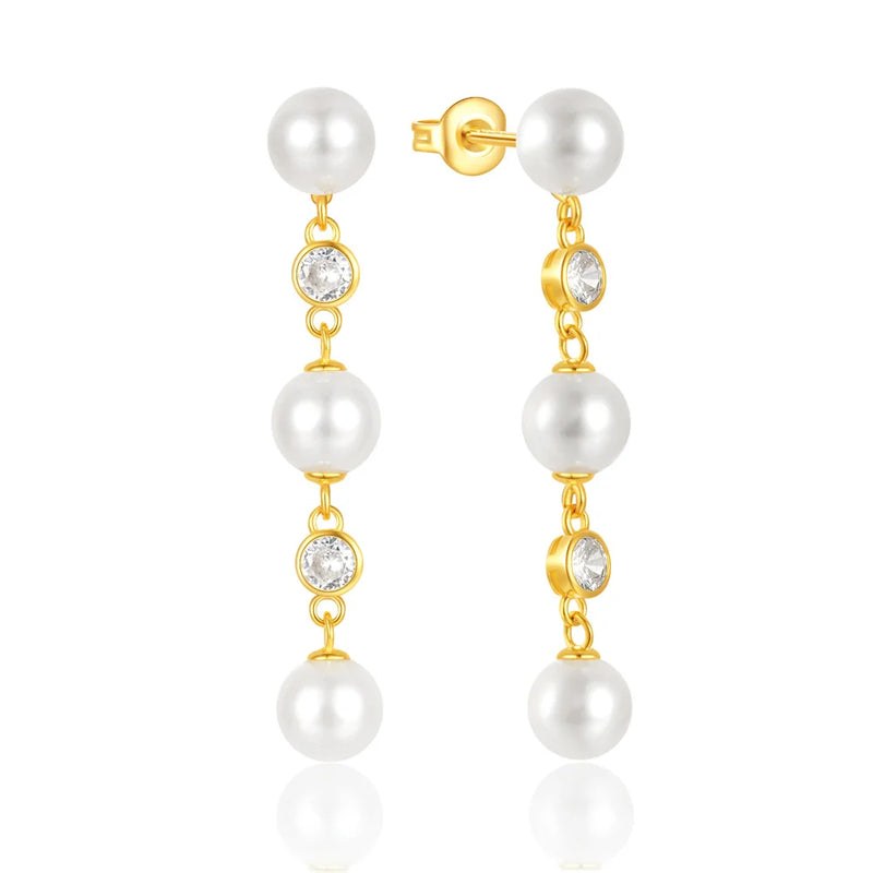 925 Silver Fringed Pearls Zircon Drop Earrings 18K Jewelry