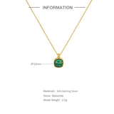 925 Silver Green Stone Square Pendant Necklace Women Girls
