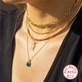 925 Silver Green Stone Square Pendant Necklace Women Girls