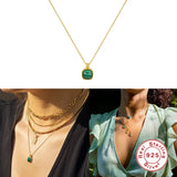 925 Silver Green Stone Square Pendant Necklace Women Girls