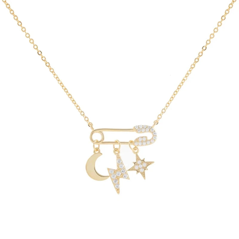 925 Silver Moon Star Lightning Pendant Necklace Women Clavicle Chain