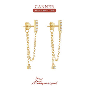 925 Silver CZ Zircon Stud Earrings Tassel Chain Piercing Party Jewelry