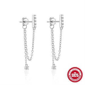 925 Silver CZ Zircon Stud Earrings Tassel Chain Piercing Party Jewelry