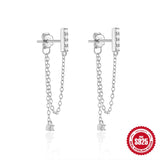 925 Silver CZ Zircon Stud Earrings Tassel Chain Piercing Party Jewelry