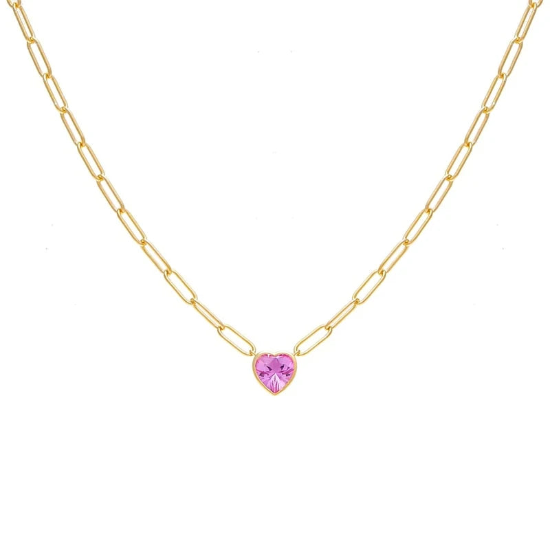 925 Silver Paperclip Chain Necklace with Zircon Heart Pendant
