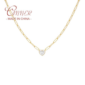 925 Silver Paperclip Chain Necklace with Zircon Heart Pendant