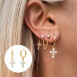 925 Silver Pearl Cross Dangle Earrings Geometric Piercing Jewelry