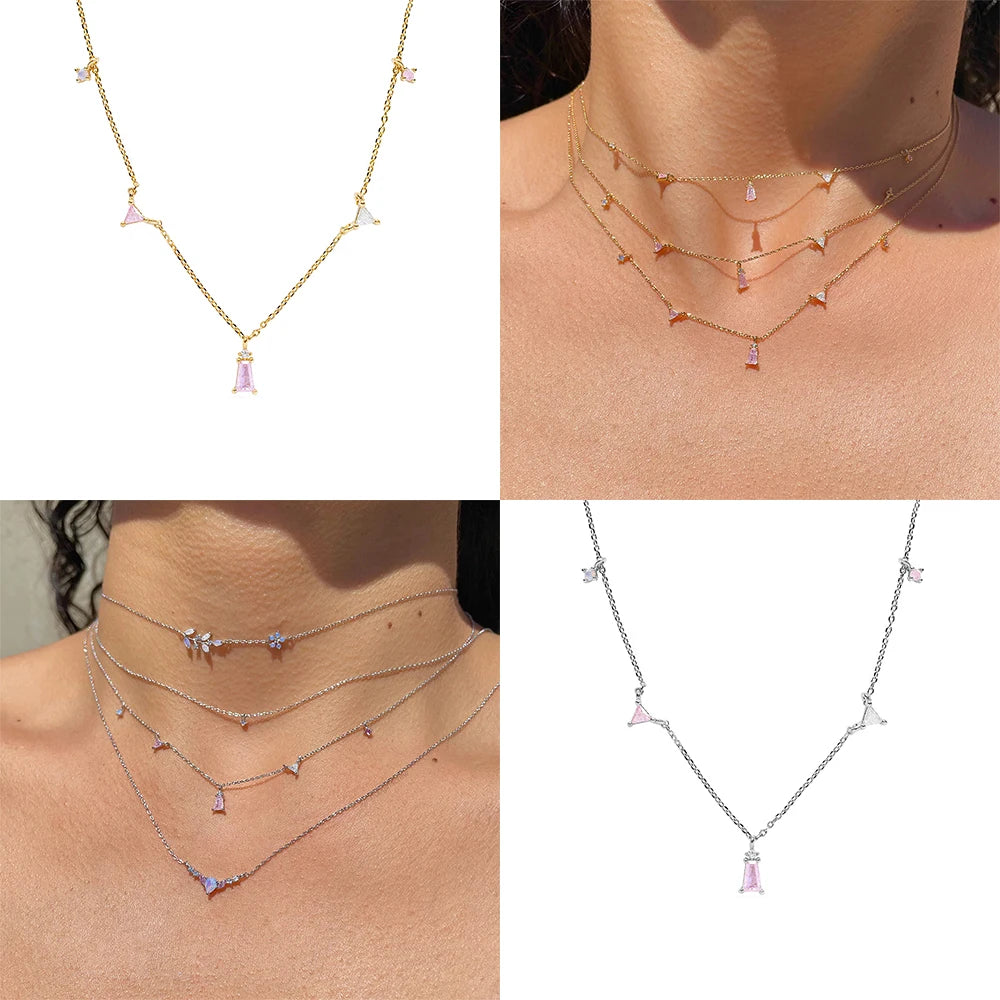 925 Silver Pendant Geometric Stacked Zircon Necklace