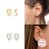 925 Silver Ear Bone Buckle Zircon Snowflake Star Moon Cross Hoop Earrings