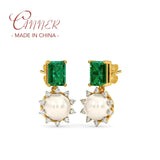 925 Silver Green Zircon & Pearl Stud Earrings for Women