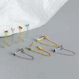 925 Silver Zircon Dangle Earring Chain Gothic Jewelry