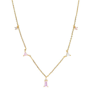 925 Silver Pink CZ Pendant Necklace Romantic Fancy Diamond Chain Choker