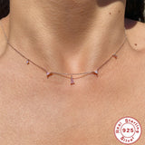 925 Silver Pink CZ Pendant Necklace Romantic Fancy Diamond Chain Choker