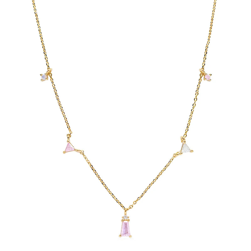925 Silver Pink CZ Pendant Necklace Romantic Fancy Diamond Chain Choker