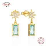 925 Silver Square Sapphire 8-pt Star Drop Earrings 18K Fine Jewelry