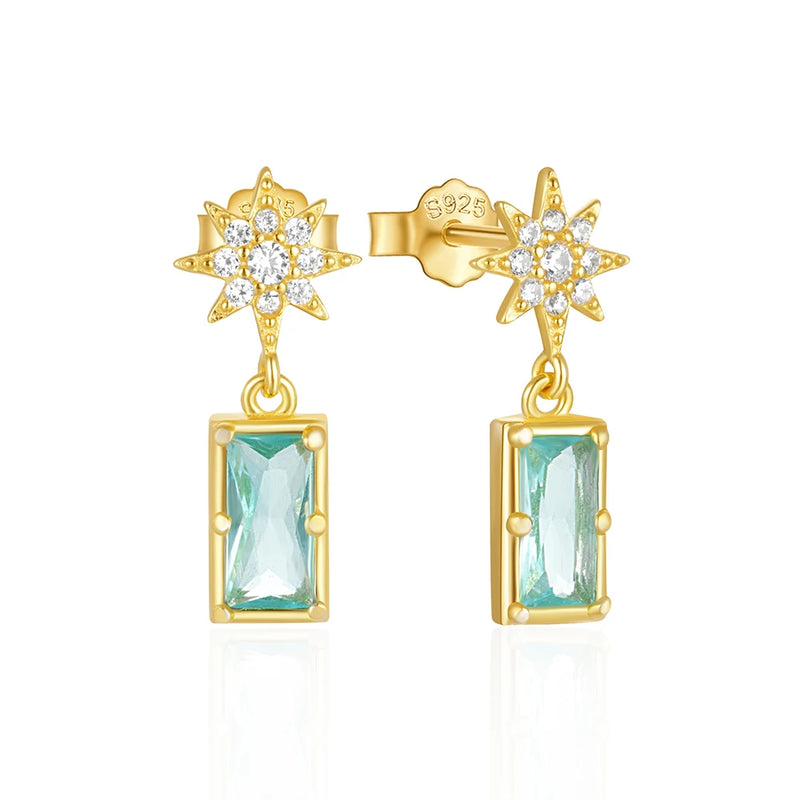 925 Silver Square Sapphire 8-pt Star Drop Earrings 18K Fine Jewelry