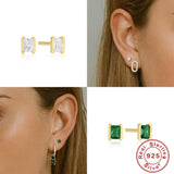 925 Silver Square Gems Piercing Earrings CZ Pendant Jewels