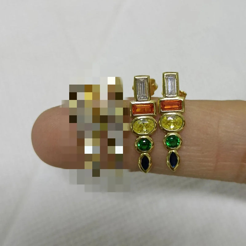 925 Silver Stud Earring Colorful Zircon Ear Pierced Rainbow Earrings