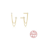 925 Silver Stud Earrings Bling Zircons Double Ear Studs Tassel Piercing Jewelry
