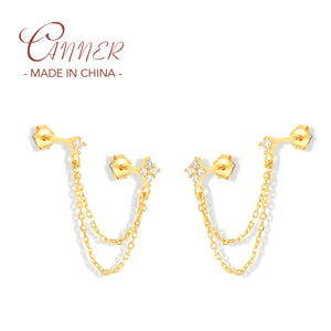 925 Silver Stud Earrings Bling Zircons Double Ear Studs Tassel Piercing Jewelry