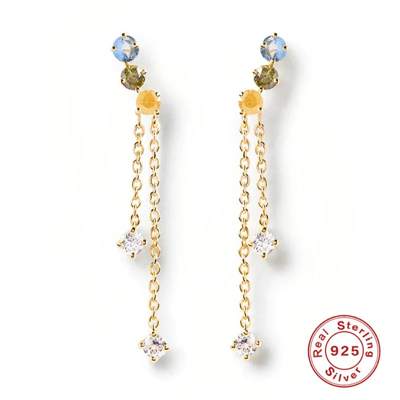 925 Silver Summer Tassel Rainbow CZ Circle Drop Earring Wedding Jewelry