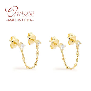 925 Silver Two Hole Piercing Earrings Crystal Zircon Chain Party Jewelry