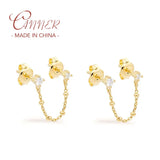 925 Silver Two Hole Piercing Earrings Crystal Zircon Chain Party Jewelry