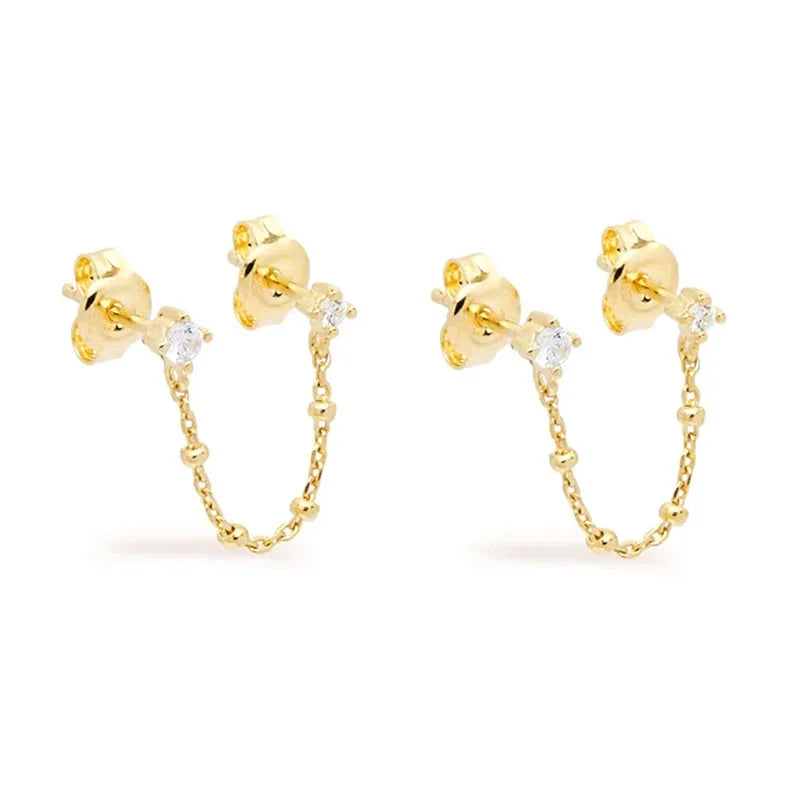 925 Silver Two Hole Piercing Earrings Crystal Zircon Chain Party Jewelry