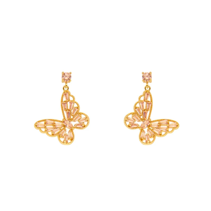 925 Silver Vintage Earring Micro Inlaid Pink CZ Butterfly Stud Earrings