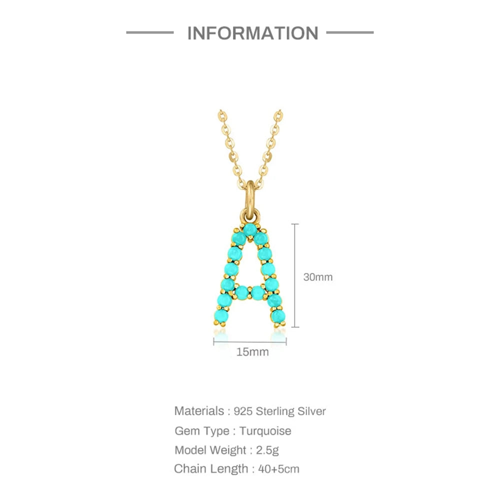 925 Silver Vintage Inlay Turquoise Pendant Necklace, 26 Letters Necklace