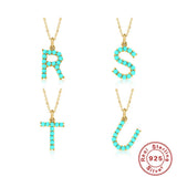 925 Silver Vintage Inlay Turquoise Pendant Necklace, 26 Letters Necklace