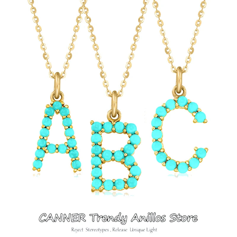 925 Silver Vintage Inlay Turquoise Pendant Necklace, 26 Letters Necklace