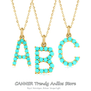 925 Silver Vintage Inlay Turquoise Pendant Necklace, 26 Letters Necklace