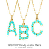 925 Silver Vintage Inlay Turquoise Pendant Necklace, 26 Letters Necklace