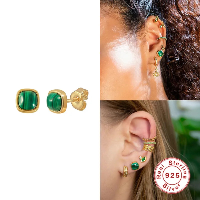 925 Silver Malachite Stud Earrings Women's Jewelry Gift