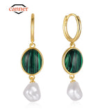 925 Silver Malachite Pearl Pendant Dangle Earrings Women Fine Jewelry