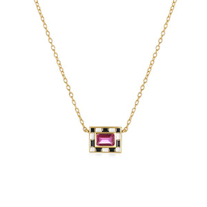 925 Sterling Silver Checkerboard Enamel Drop Zircon Necklace