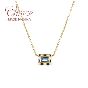 925 Sterling Silver Checkerboard Enamel Drop Zircon Necklace