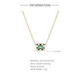 925 Sterling Silver Checkerboard Enamel Drop Zircon Necklace