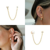 925 Silver Chain Earring Zircon Double Ear Stud Hiphop Jewelry 1pcs