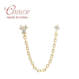925 Silver Chain Earring Zircon Double Ear Stud Hiphop Jewelry 1pcs
