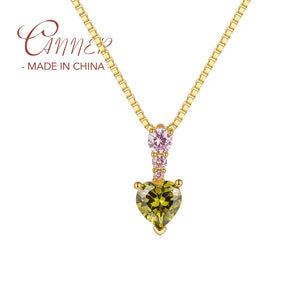 Green Zircon Heart Pendant Necklace 925 Sterling Silver Box Chain