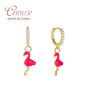 Pink Flamingo Drop Earrings 925 Sterling Silver CZ Circle Earring
