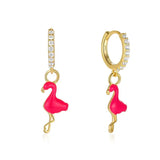 Pink Flamingo Drop Earrings 925 Sterling Silver CZ Circle Earring