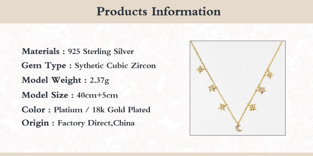 925 Silver Star Moon Necklace Women's Party Jewelry