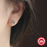 Green Square Zircon Stud Earring S925 Sterling Silver Piercing Stud Earrings